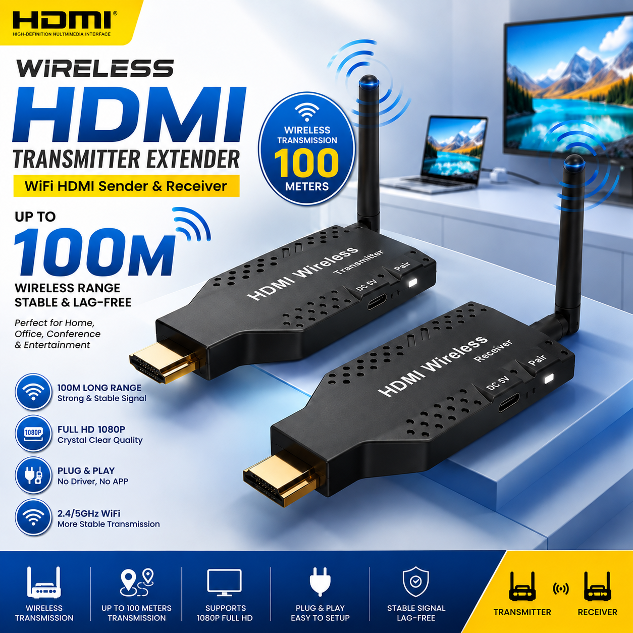 100M/50M WIRELESS HDMI EXTENDER 1080P VIDEO TRANSMITTER RECEIVER  Wireless HDMI Extender 1080P Full HD Video Transmitter & Receiver Kit Wireless HDMI Repeater for TV, Projector Monitor, PC Laptop, Camera & Gaming Console, Long Range HDMI Signal Transmiss