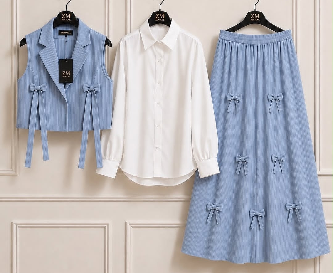 Girls Trendy Summer 3 Piece Co-Ord Set – Stylish Shirt & Midi Skirt Outfit for Casual & Daily Wear ✨