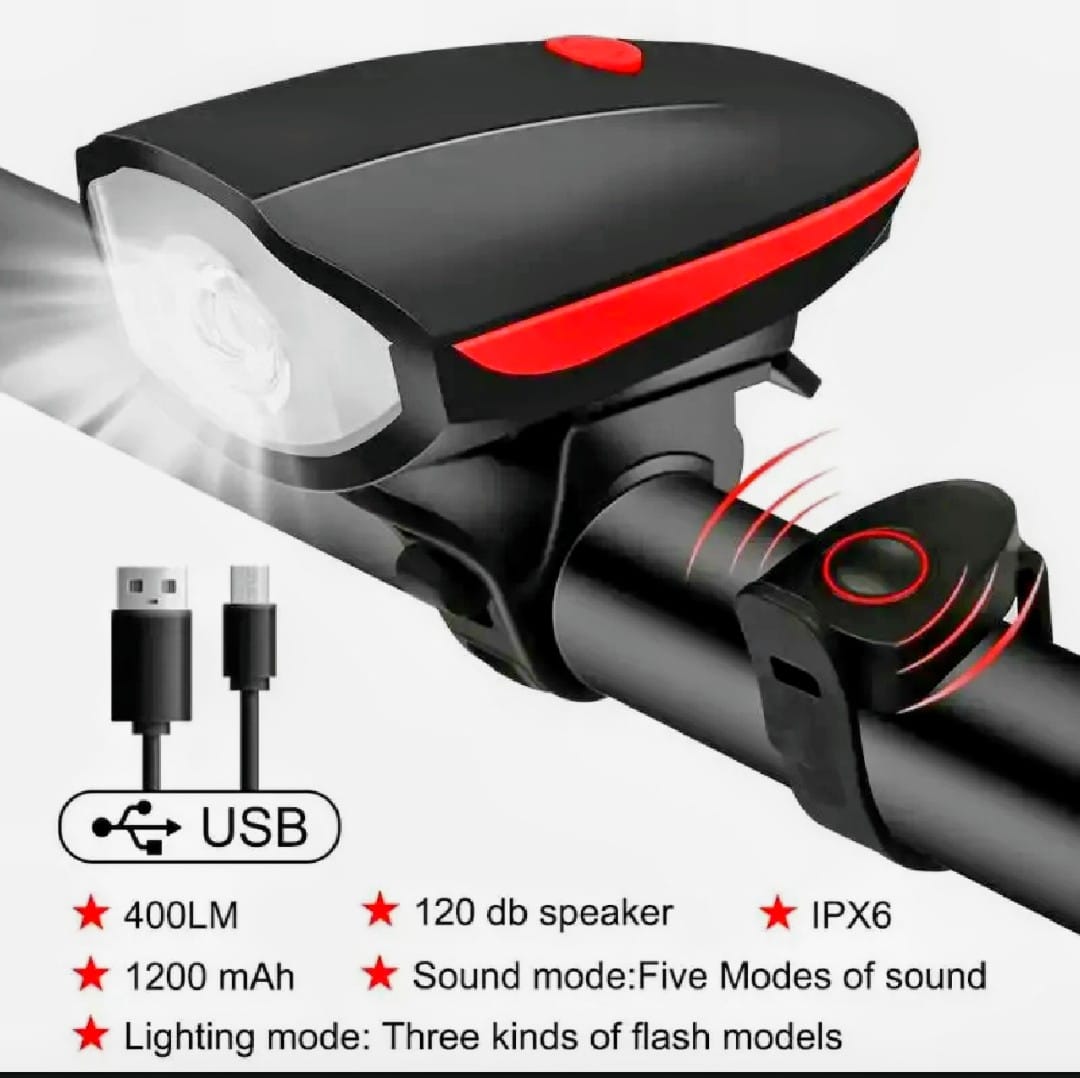 Rechargeable Front Light With Loud Horn Aluminum and Plastic Bicycle Accessory For Night Outdoor Cycling