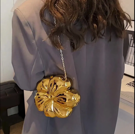 Most Trendy Mini Flower clutch Metallic / Acrylic Clutch With Long Chain For Women & Girls