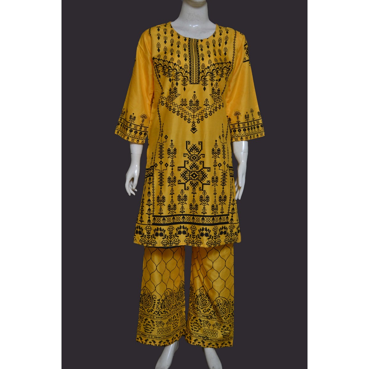 Dzyne Yellow Block Printed 2 Pc Stitched Dress For Women