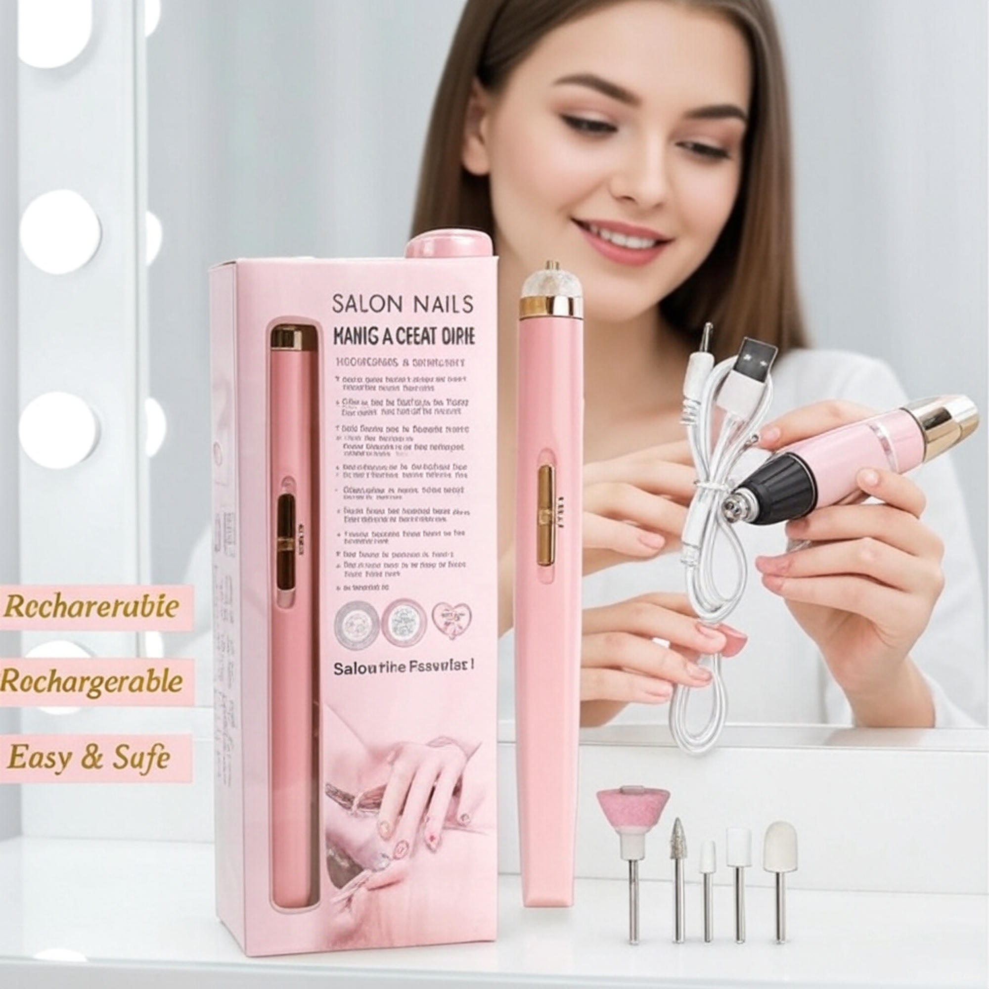 Rechargeable Nail Polisher & Salon Nails Kit | Electronic Nail File, Buffer & Shiner | 5 Drill Bits USB Manicure & Pedicure Tool | Cuticle & Nail Polish Remover | Portable Nail Care Machine for Women & Girls