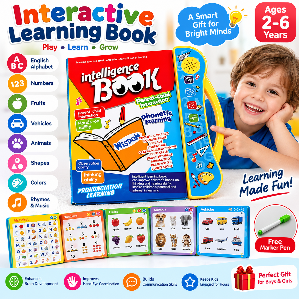 E Book Learning Toy for Kids Electronic Sound Book Talking Educational Toy ABC Alphabet Numbers Animals Fruits Shapes Colors Phonics English Learning Machine Early Education Toy for Toddlers Baby Boys Girls 1 to 5 Years Preschool Nursery Kids Best Gift