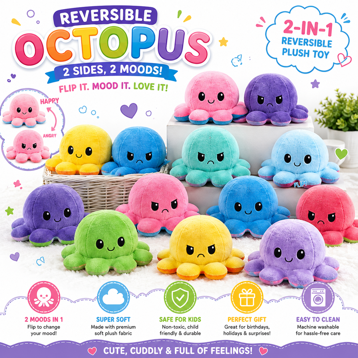 Reversible Octopus Stuffed Soft and Plush toy (6 inches)PREMIUM QUALITY