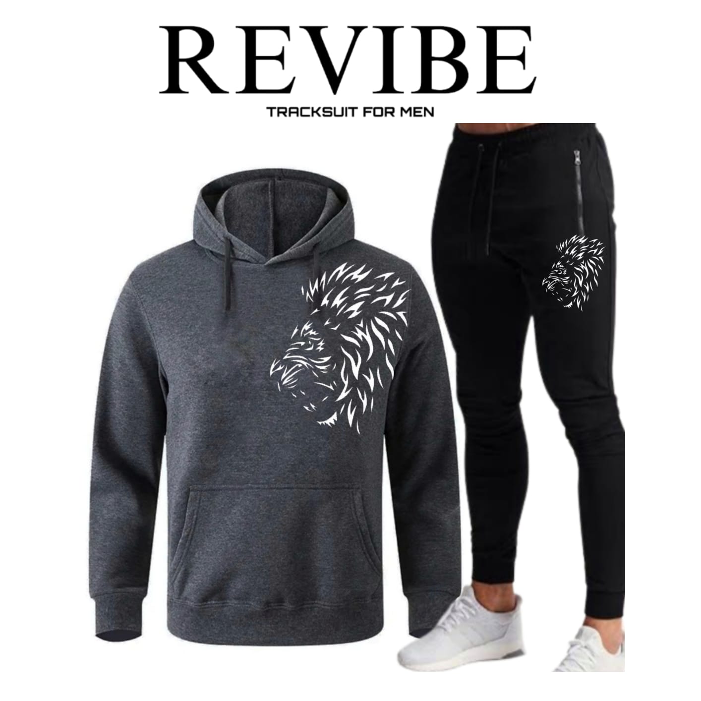 REVIBE - Black Lion Printed Tracksuit For Men - Hoodies For Men