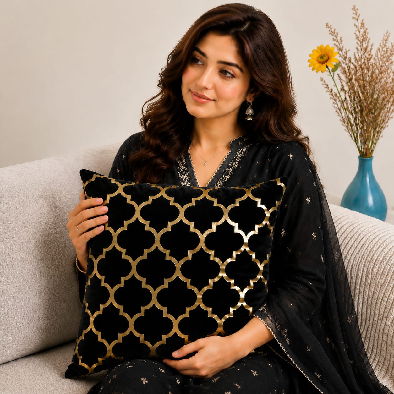 Elegant Geometric Pattern Velvet Cushion Cover 16x16 Inch Home Decor