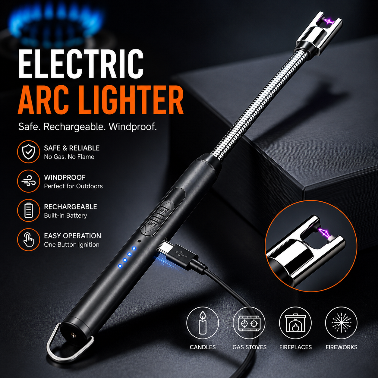 Electric Arc USB Rechargeable Flameless Arc Lighter Flexible and Windproof for Candles, Hiking, Camping, Kitchen, Fireplaces 360 degree free rotation