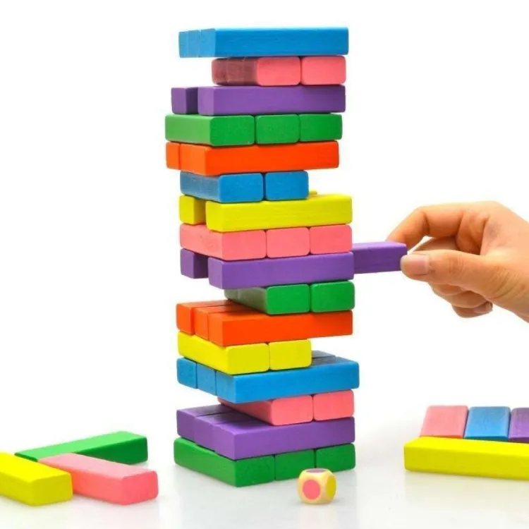 Jenga Wooden Kids Game Small Size 45 Blocks With 2 Dice Stacking Tumbling  Tower Multicolor