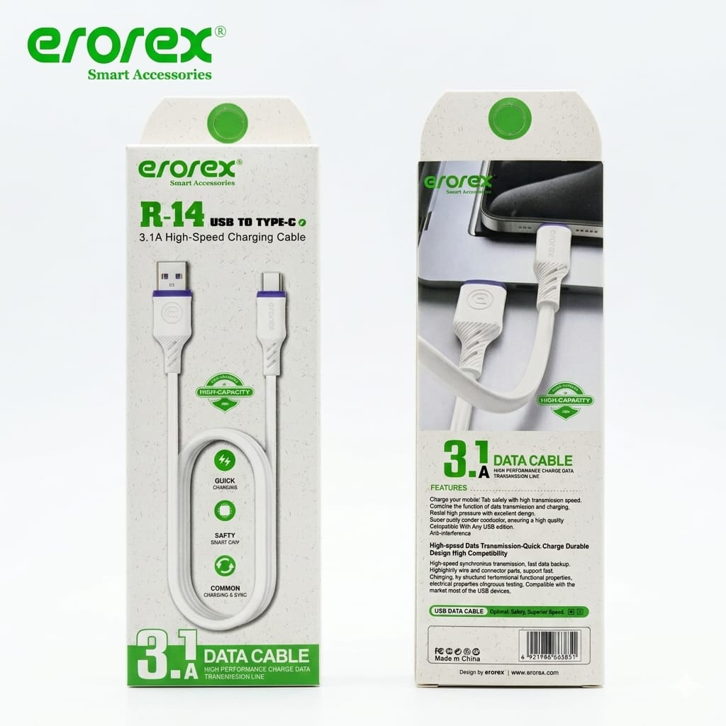 erorex R-14 Micro USB Data Cable - 3.1A Fast Charging - High-Speed Data Sync - White