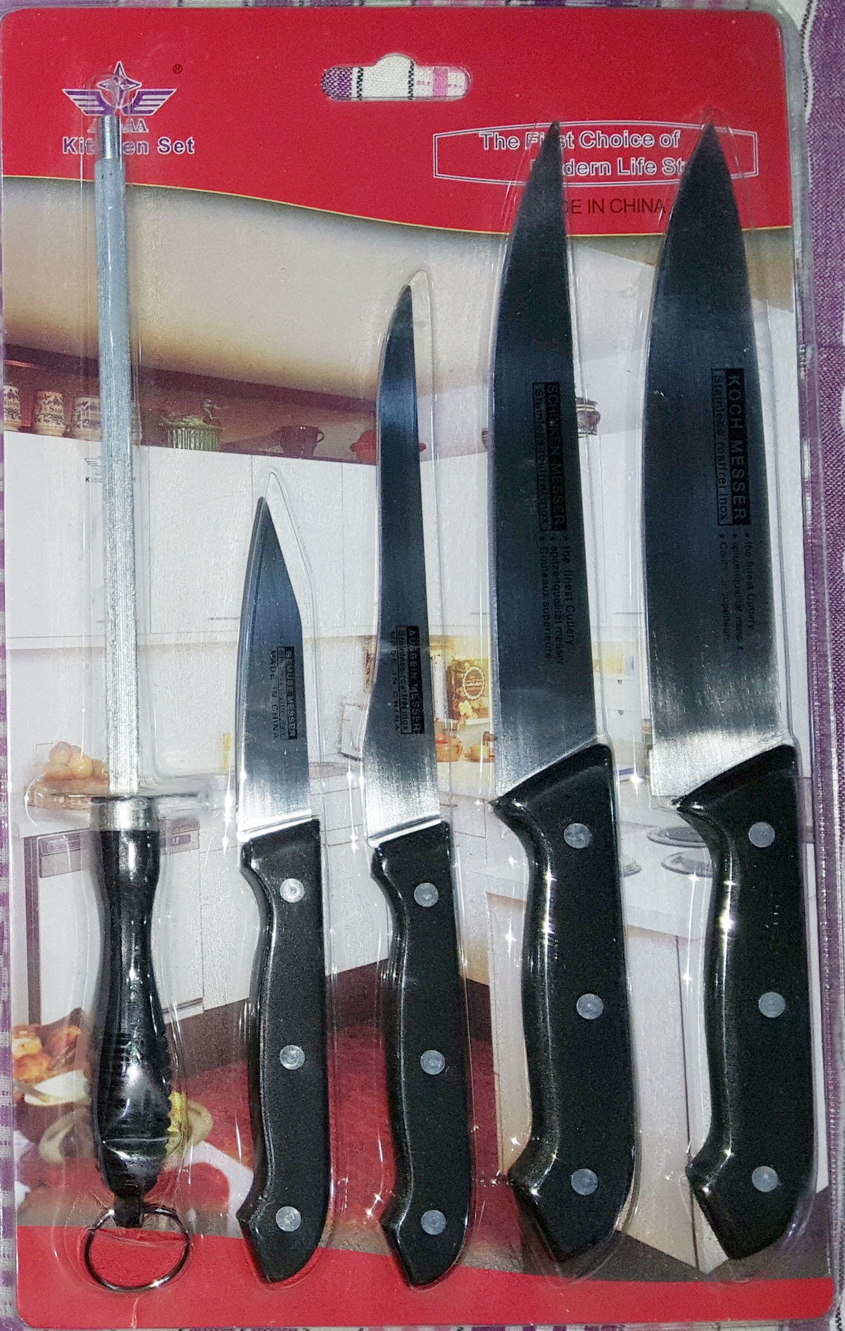 Kitchen Knife Set 4 Stainless Steel Knives + 1 Sharpener