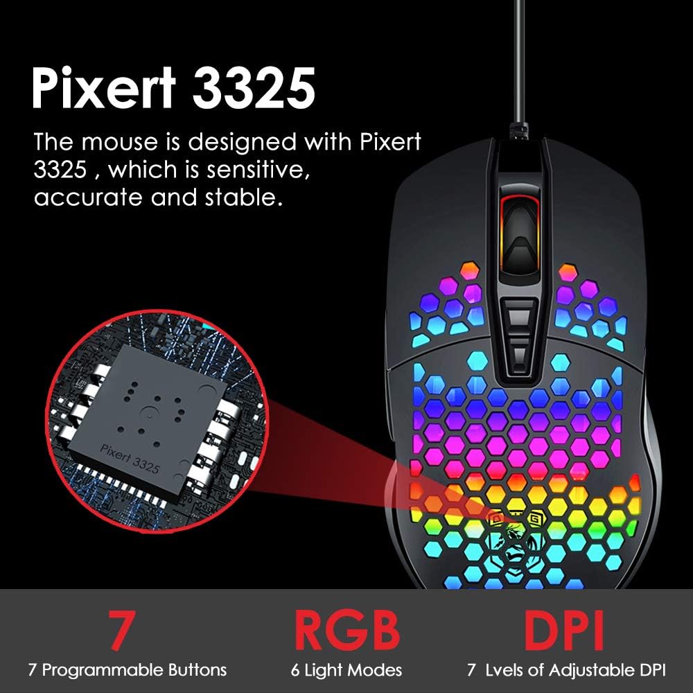 RGB Gaming Mouse USB Wired 3200 DPI Optical Sensor | Ergonomic 7 Button Gaming Mouse with Side Buttons & Double Click Key | 7-Color Breathing LED Backlit Braided Cable Computer Mouse for PC Laptop Desktop Gaming Office – Unique Mall