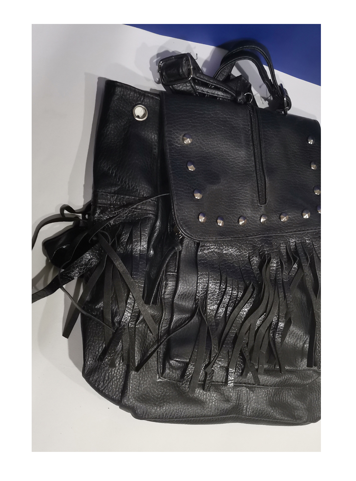 Stylish Black Faux Leather Backpack For Women - Textured Leather Bag Drawstring Daypack Medium