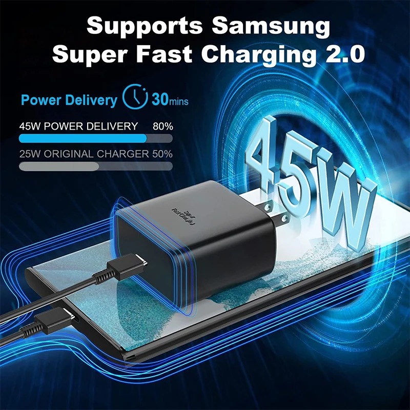 100% Original Samsung 45W 2.0 Super Fast Charger with Type C to Type C Cable (Global Certified Charger) Pd Charger For all Mobile Phone S24+, S8 Ultra, Note20 Ultra,S24 Ultra, Note10 Plus, S22 ultra Galaxy S10 / S10E / S10+