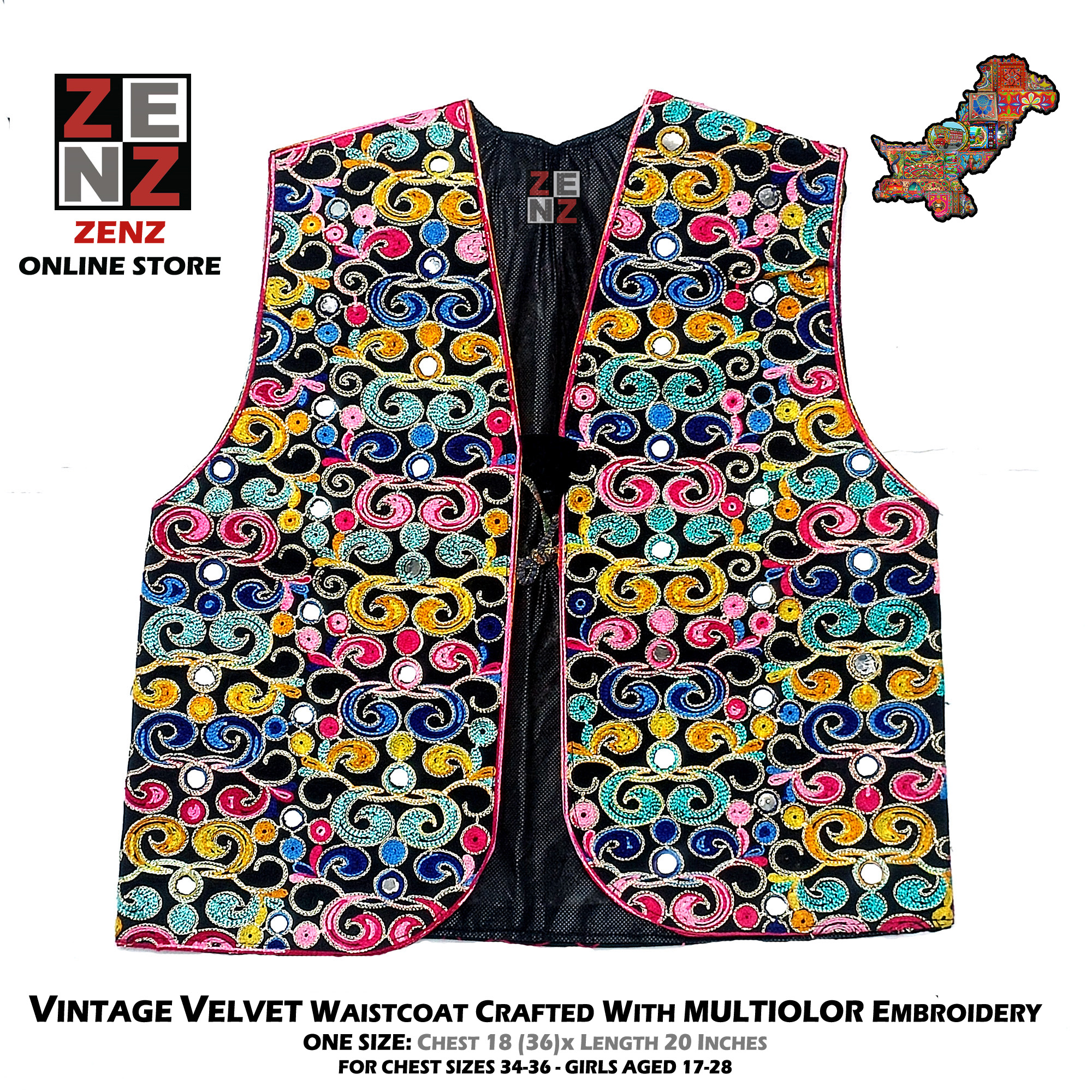Black Embroidered Pakistani Traditional Sindhi Balochi & Cultural Party Wear Waistcoat Koti for Women Chest Size 34-36 Inches Multicolor Embroidery Threadwork Craft