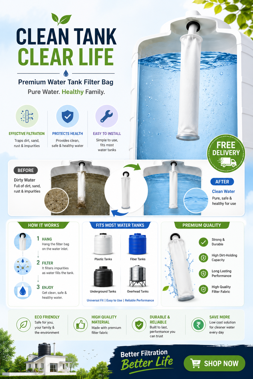 Premium Water Tank Filter Bag | Reusable Water Tank Inlet Filter | Sediment Filter for Sand, Rust, Dirt & Leaves | Universal Water Tank Filter for Overhead Tanks