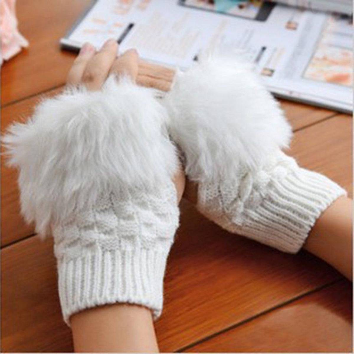 Women Girls Winter Wool Knit Gloves Warm Fingerless Gloves Mitten Crochet Thumbhole Arm Wrist Ultra Soft