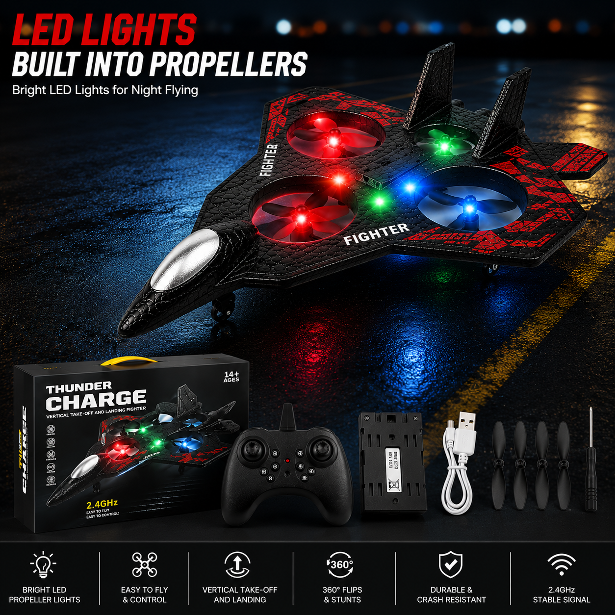 Remote Control Fighter plane RC Flying Jet 2.4GHz | Thunder Charge VTOL Fighter Aircraft | Vertical Take-Off & Landing | RC plane 360° Flips| LED Lights | Rechargeable | 50M Range | 4 Motors | 3 Speed Levels