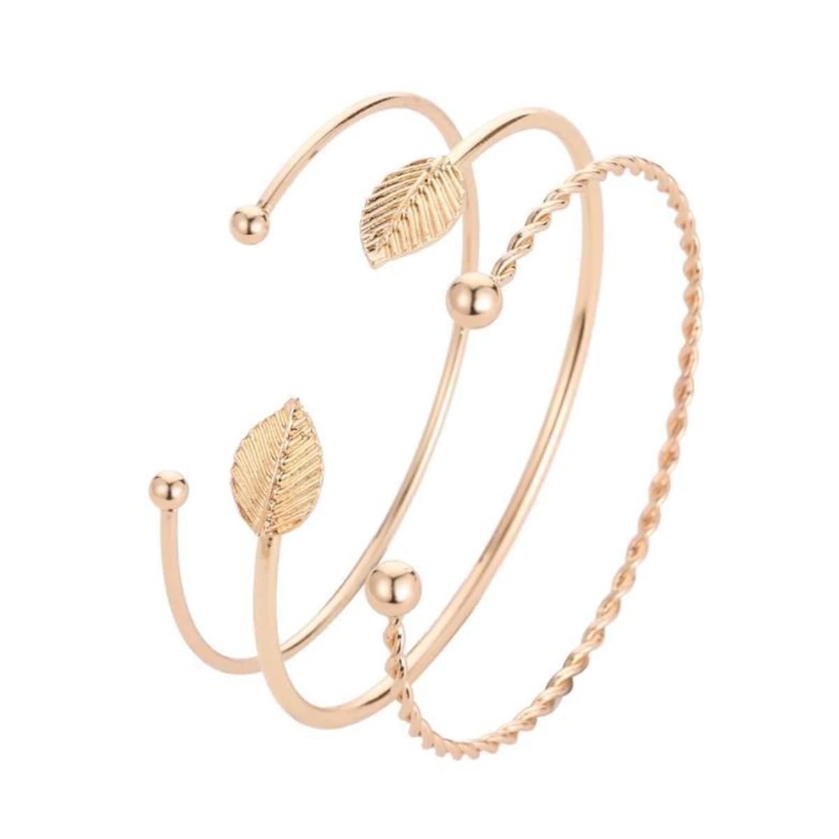 Elegant Leaf Open Bangle Bracelet for Women 3pcs-Set