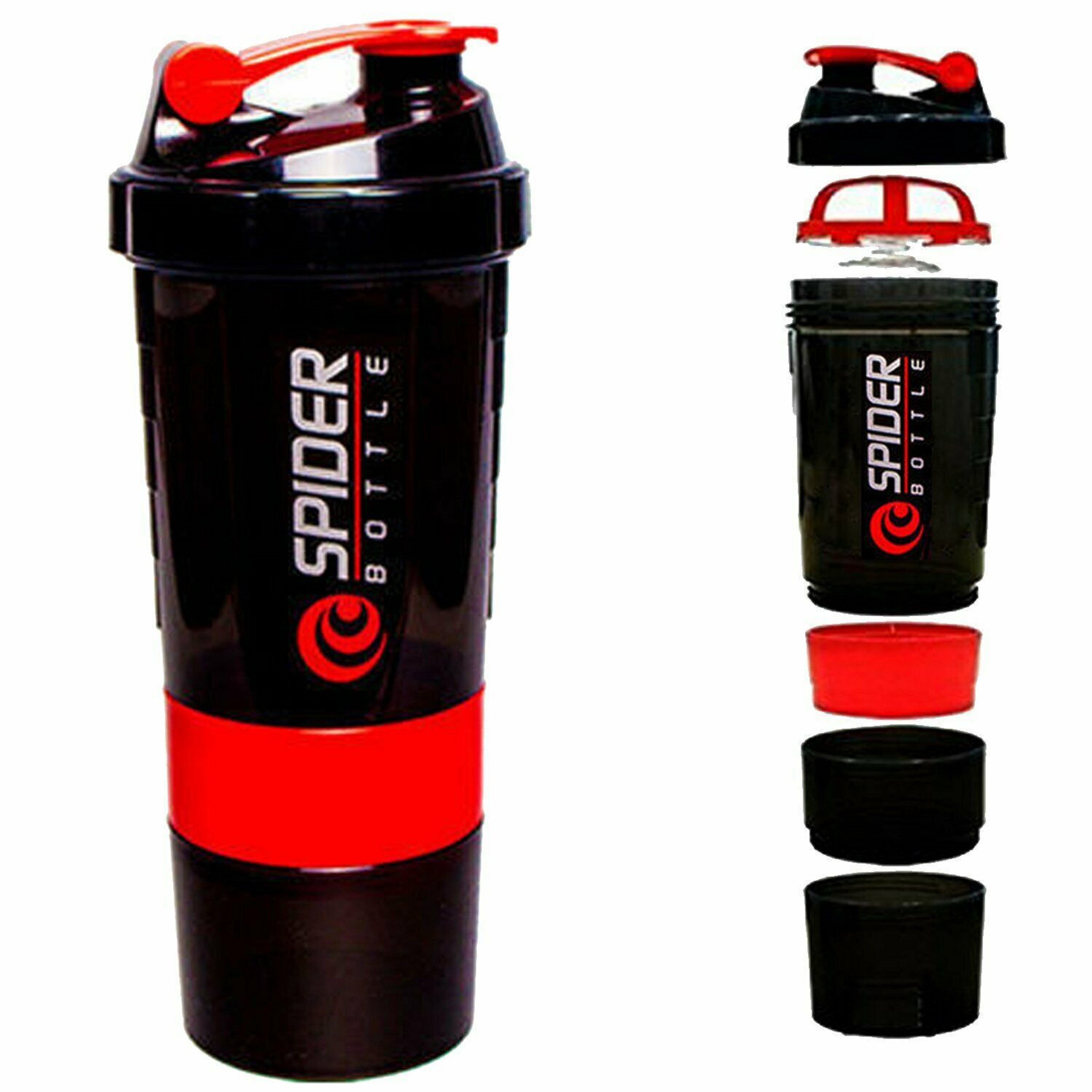 3-in-1 Spider Protein Shaker Bottle Sports Gym Water Bottle Multi-Purpose Shaker with Extra Supplement and Pill Capsule Storage BPA Free Plastic Easy Grip Leak Proof-500ml