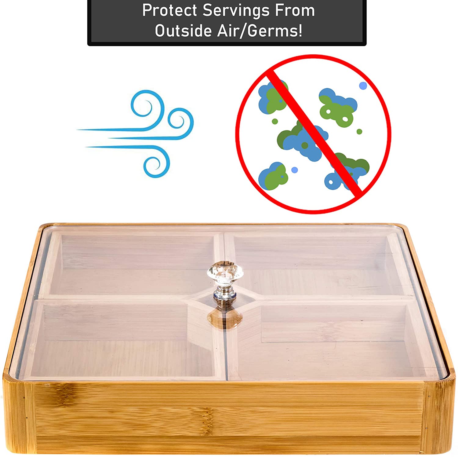 4 Compartments Bamboo Wooden Divided Serving Tray With Lid