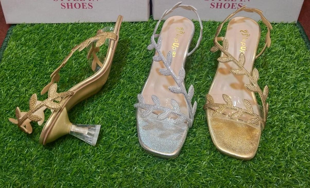 Luxury Leaf Glitter Fancy Heels for Women & Girls | Stylish Transparent Block Heels | Party, Eid & Wedding Wear | Golden & Silver Trendy Footwear 2025