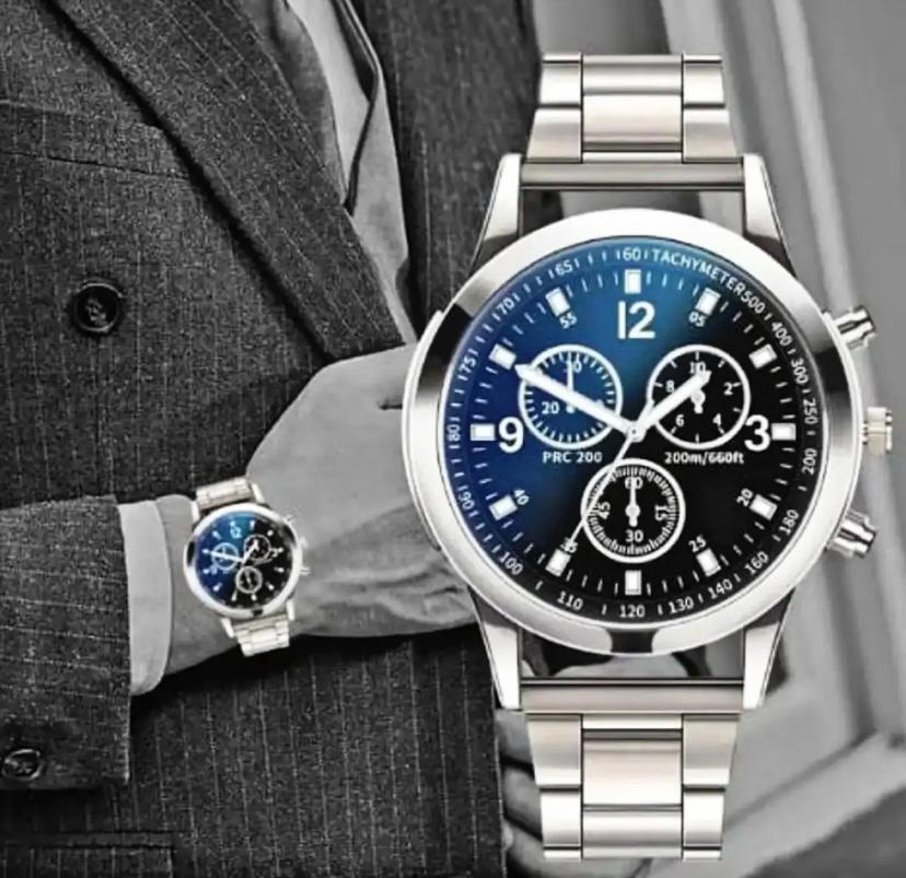 Premium Men’s Luxury steel straps round dial watches hand watch-silver watch- men watches-watch for boys-watch for men-watch for kids-watch for young's-watch for boys + Bracelet + With Chain+Ring -High Quality stylish-branded-watch Best  for Gift