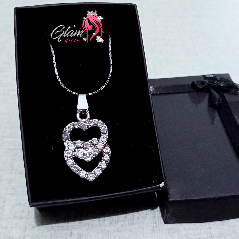 Dual Silver Heart Pendant Necklace with gift Box for Friends