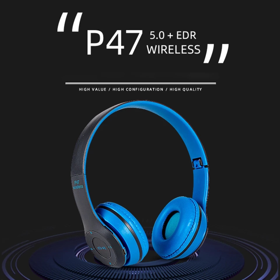 P47 Bluetooth Foldable Headset with Microphone Support FM Radio TF for PC TV Smart Phones & Tablets Etc