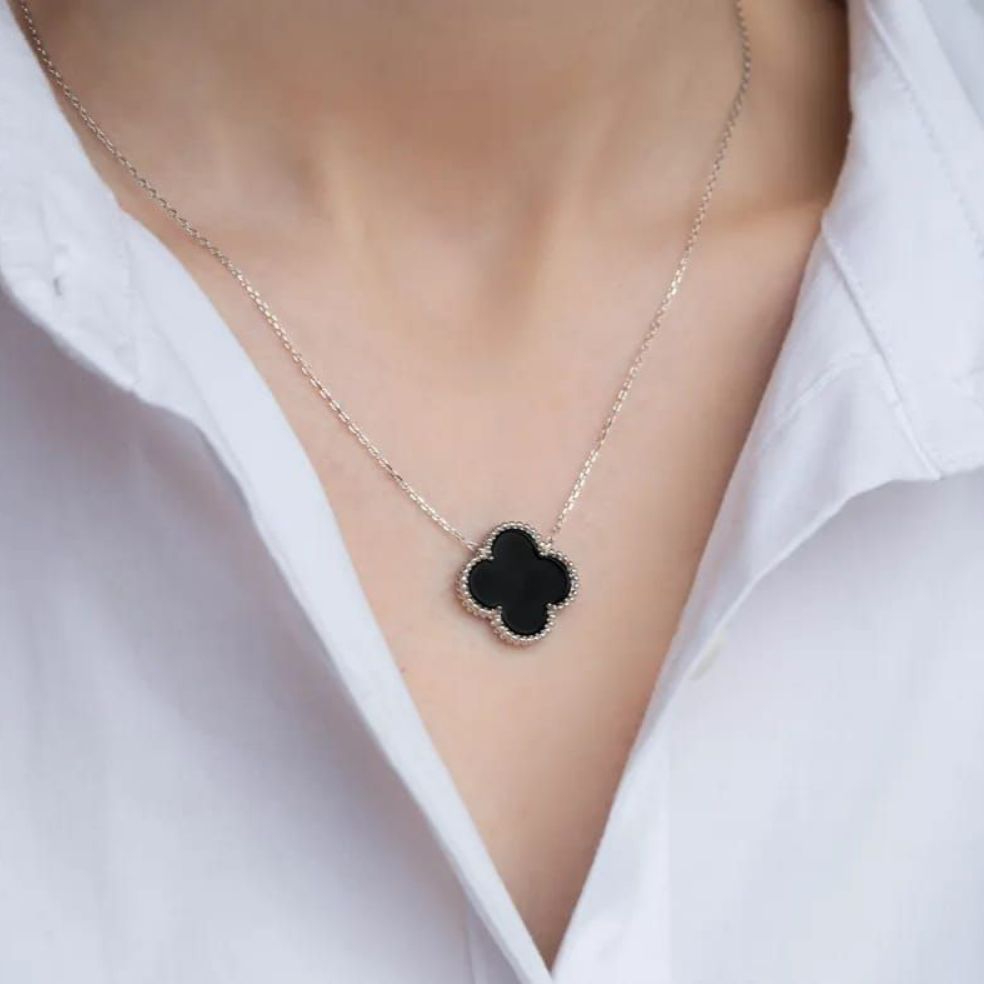 Silver Black Clover Necklace For Girls And Women