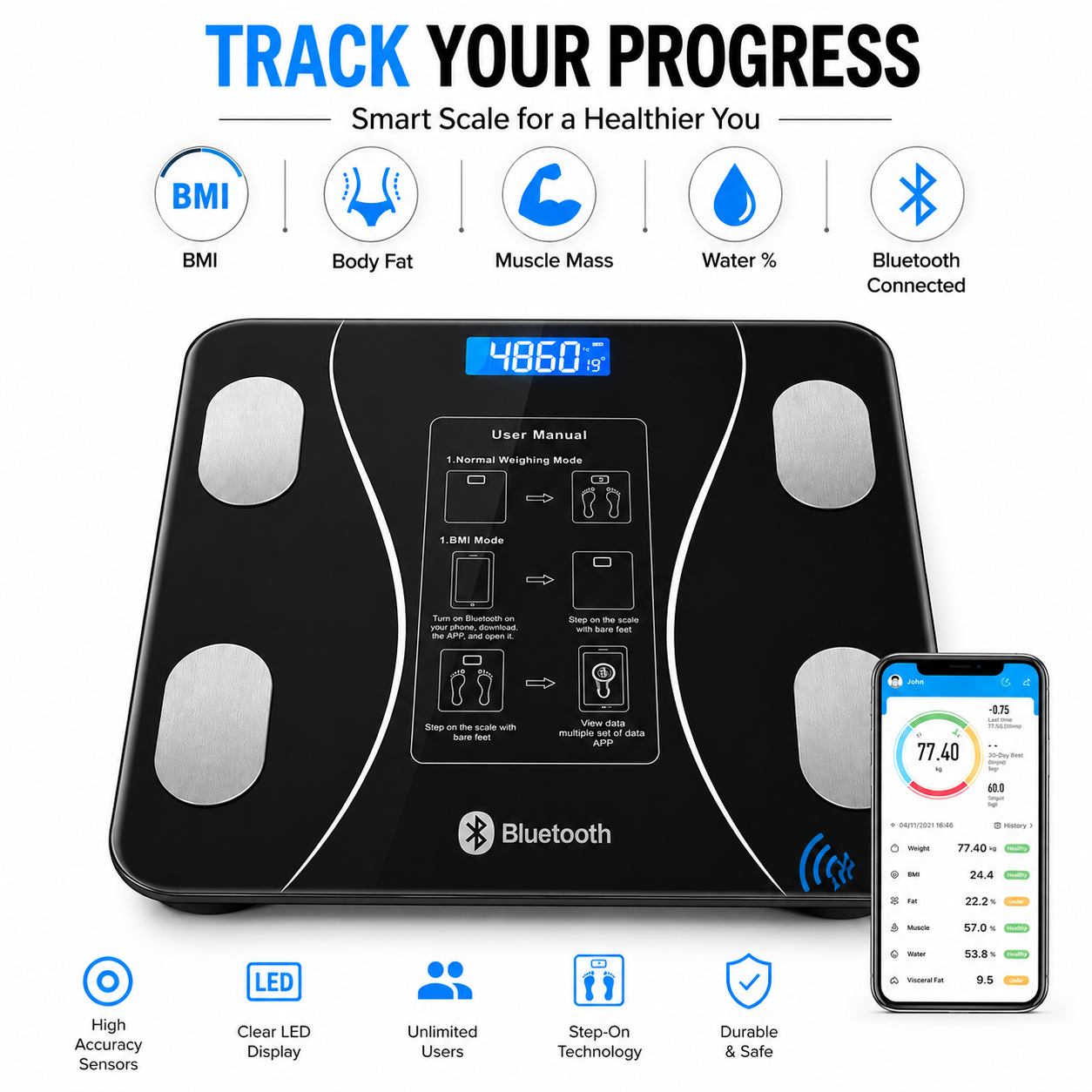 Digital Bluetooth Body Weight Scale 180kg Capacity  Smart Weighing Machine with Mobile App Sync BMI Body Fat Muscle Mass Water Analyzer  Bathroom Health Fitness Scale with LCD Display  Accurate Sturdy Durable Design for Home Adults Family Use