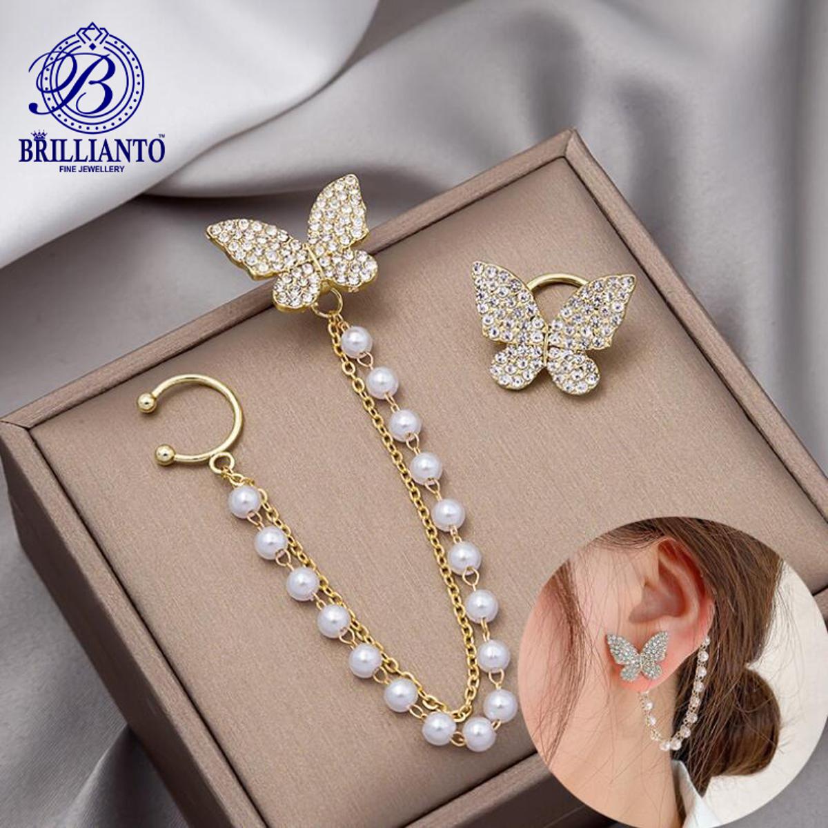 2 Pcs/Set Crystal Butterfly Ear Cuff Stud Ear Wrap Crawler Hook Earrings For Girls and Women Pearl Butterfly Simple Stylish New Design Golden Simple Stylish Korean