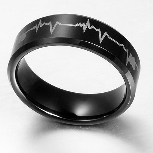 Heartbeat Laser Etched Engagement Band Rings For women and men ECG Rings Black Band