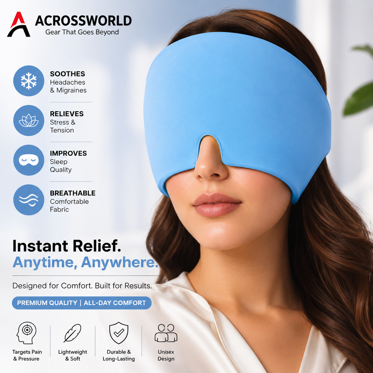 ACROSSWORLD Migraine Relief Ice Cap | Premium Cooling Gel Head Wrap | Cold Therapy Hat for Headache, Migraine, Sinus Pressure & Stress Relief | Reusable Compression Cap