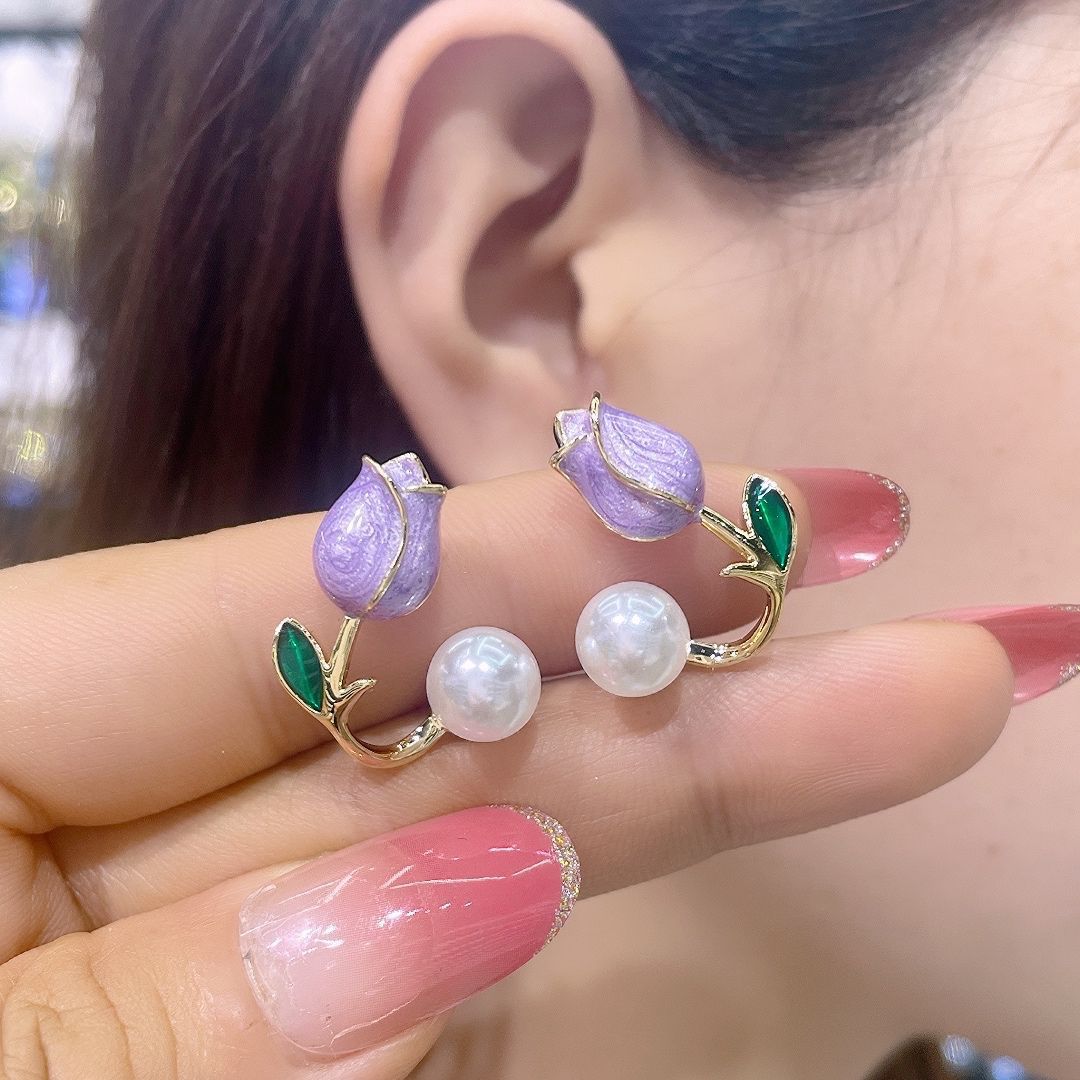 Tulip Flower Pearl Stud Earrings for Women and girl jewelry Exquisite Pearl Earring Party Jewelry