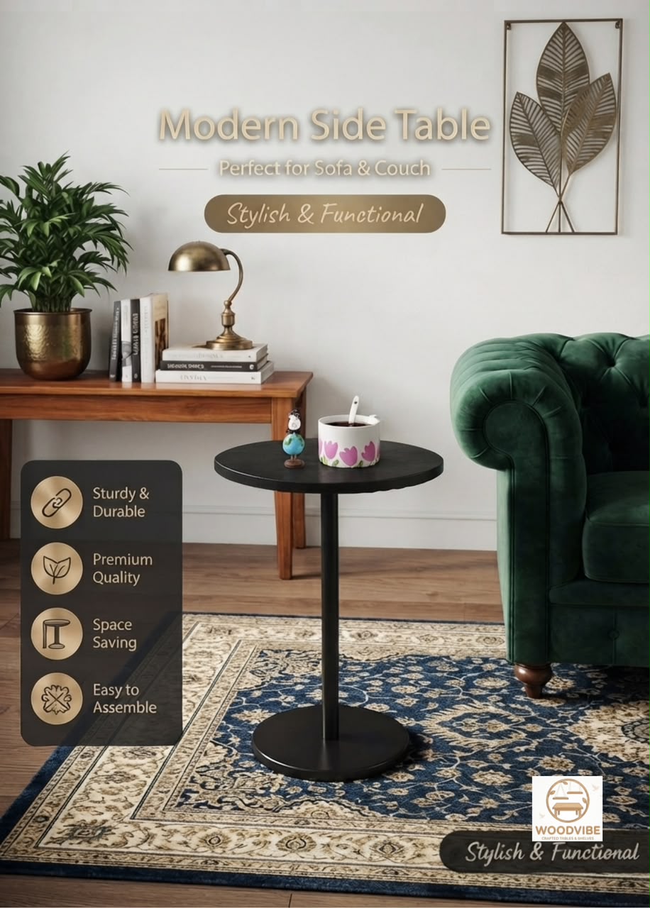 Modern Round Side Table | Premium Wooden Coffee & Decoration Table | Corner, Bedroom & Birthday Table | MDF Top | Brown White Black