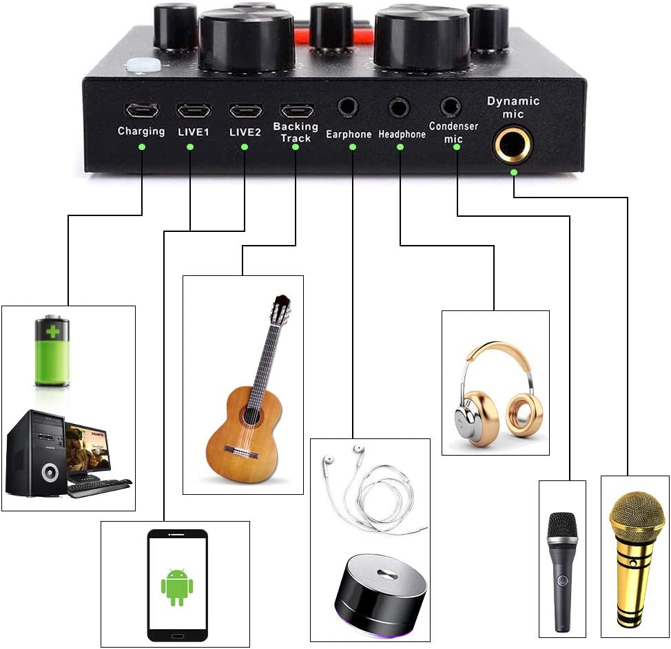 V8 Sound Card & V10 Sound Card Bluetooth Audio Mixer & Voice Changer - 12 Sound Effects Lithium Rechargeable Battery - For Live Streaming & Broadcasting & Podcast - Compatible With PC Computer - Black