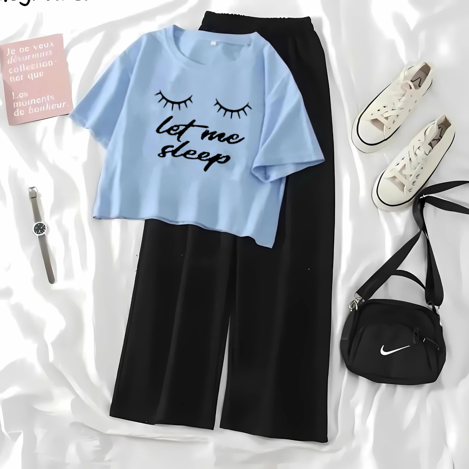 High-Quality Summer Printed Crop Top Tee and Black Plazo Combo Set