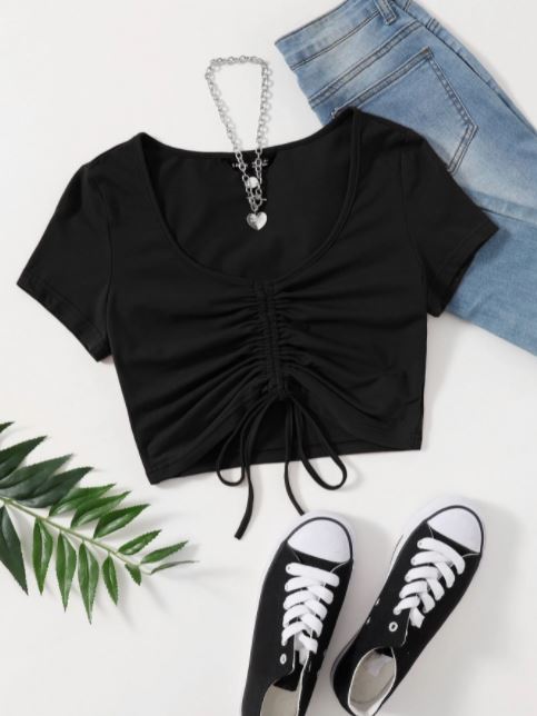 Women's Solid Drawstring Ruched Tee – Stylish and Trendy Cotton Blend (S-XL)