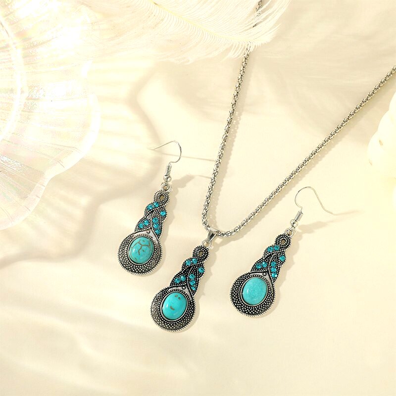 3PCS Vintage Turquoise Jewelry Set | Blue Crystal Pendant Necklace & Earrings for Men Women | Antique Silver Lantern Chain | Gift Jewelry | Daraz Pakistan