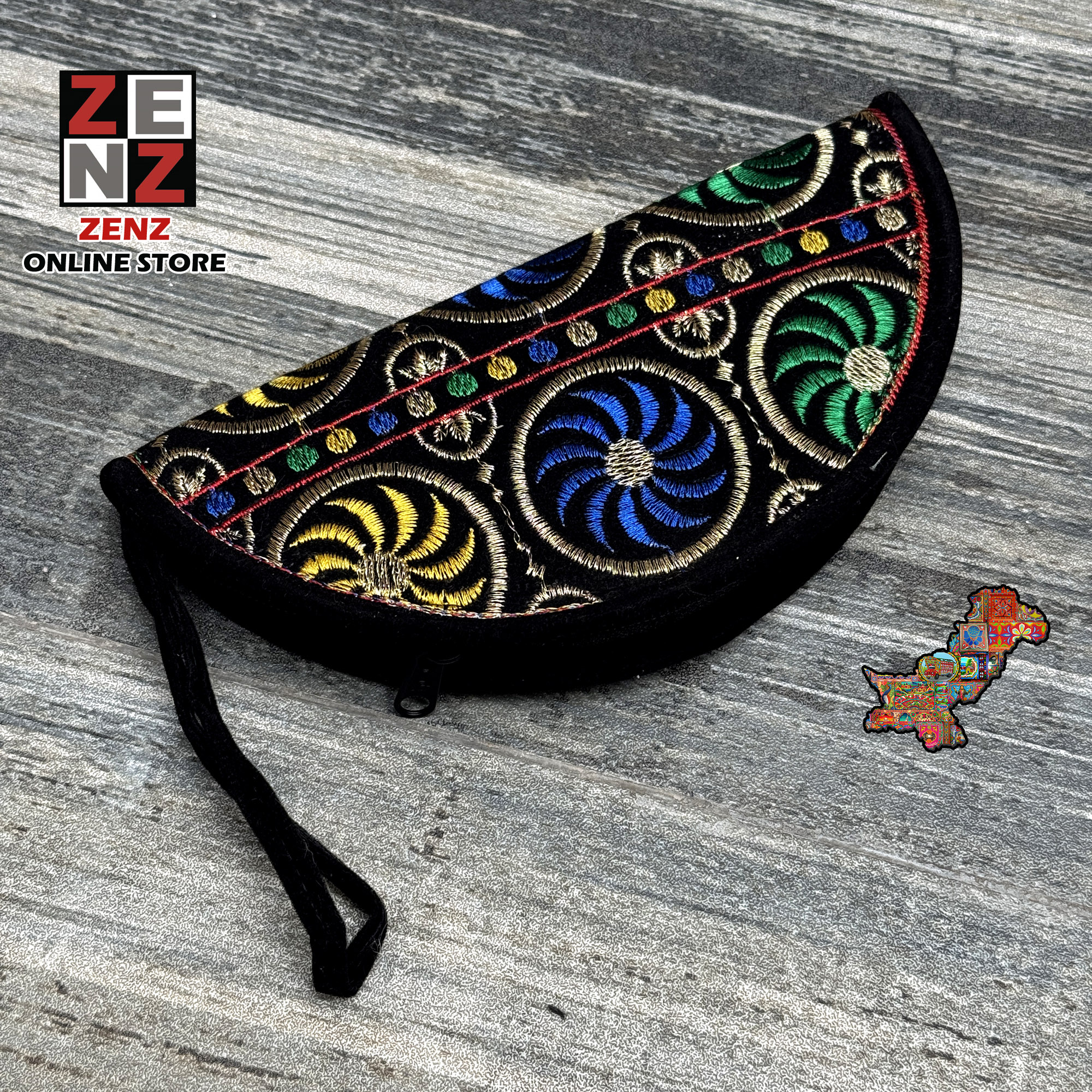 Half Moon Shaped Handmade Black Embroidered Velvet Clutch Purse Size 8x4 Inches crafted with Multicolour Embroidery by ZENZ Pakistani Traditional Vintage Fashion Wear