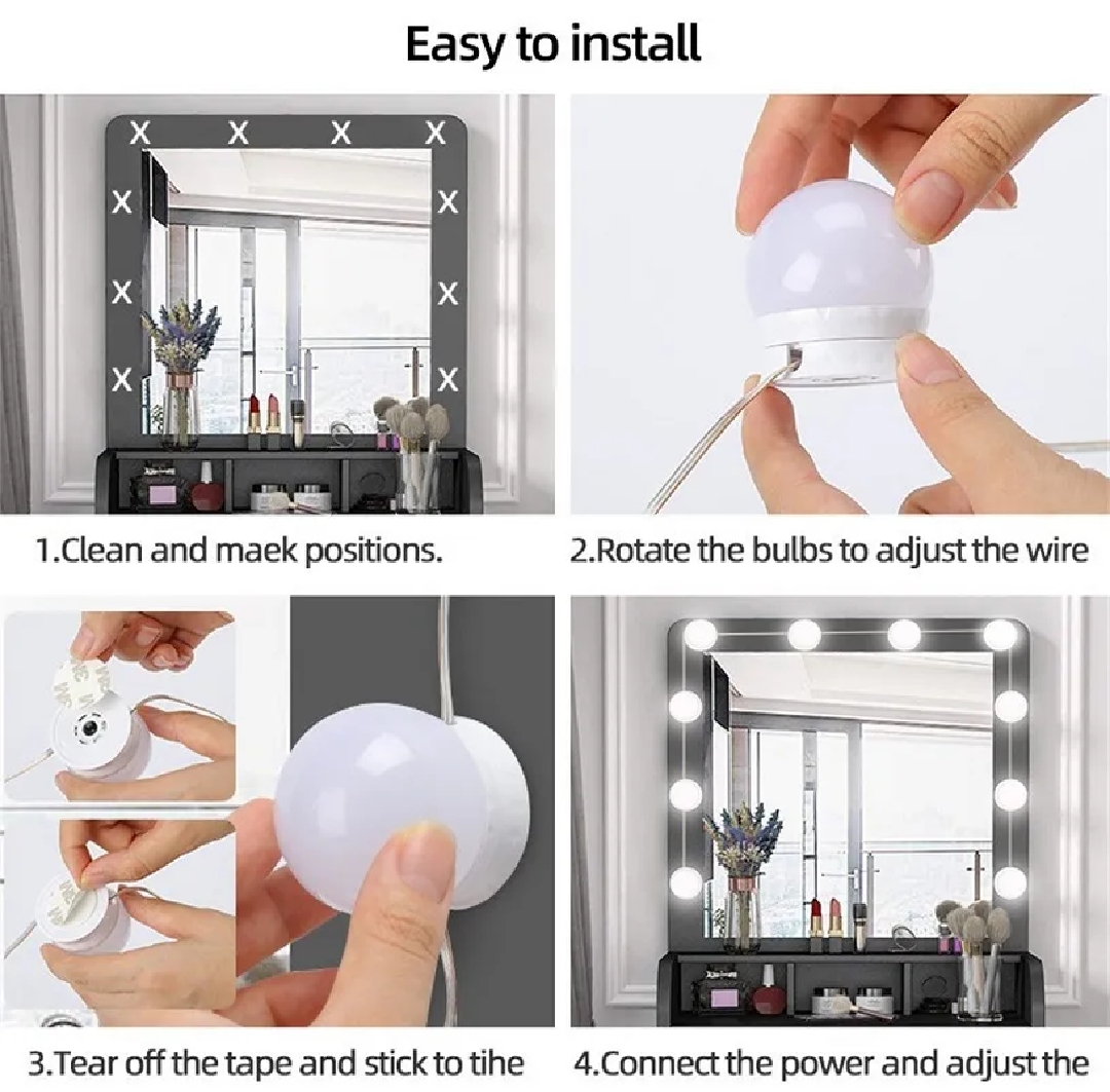 LED Vanity Mirror Light Hollywood Style – 10 Dimmable Bulbs, USB Powered Makeup Mirror Light Kit for Dressing Table & Bathroom