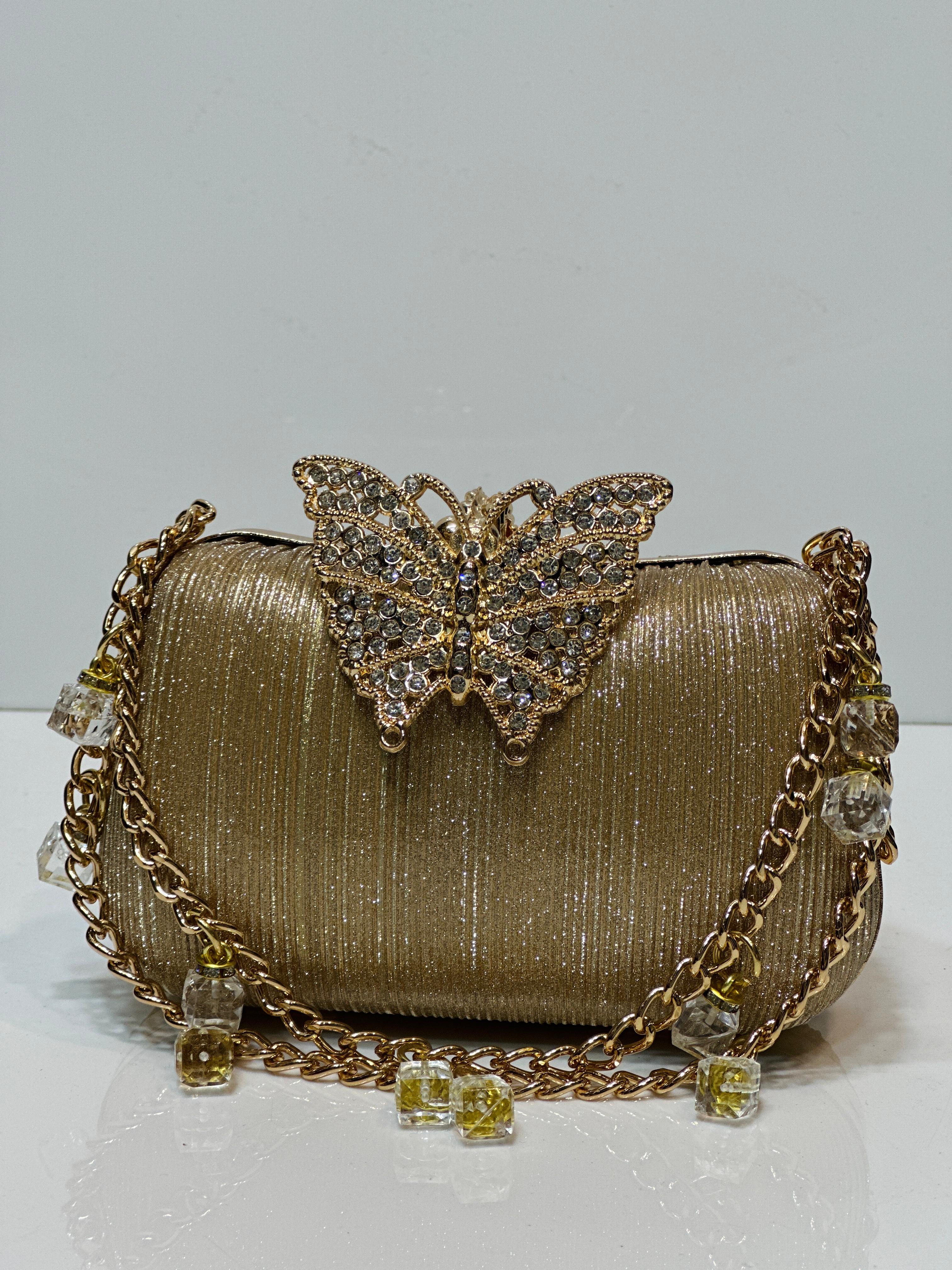 Luxury Shimmer Party Clutch Bag for Women & Girls – Crystal Butterfly Evening Box Purse with Gold Chain Strap – Elegant Wedding Handbag