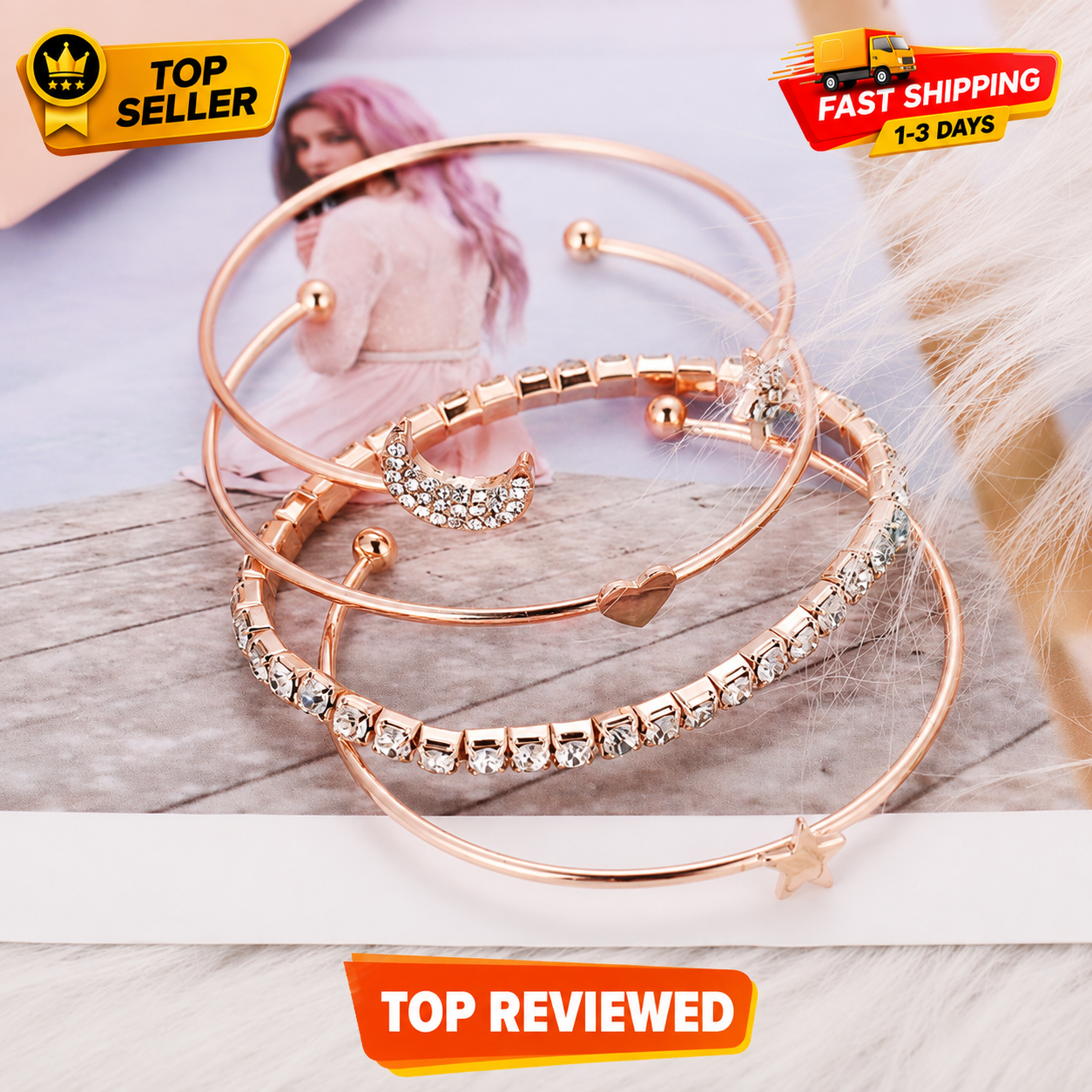 4PCS Set Open Bangle Delicate Star Moon Crystal Bracelet For Women Charm Jewelry Gifts