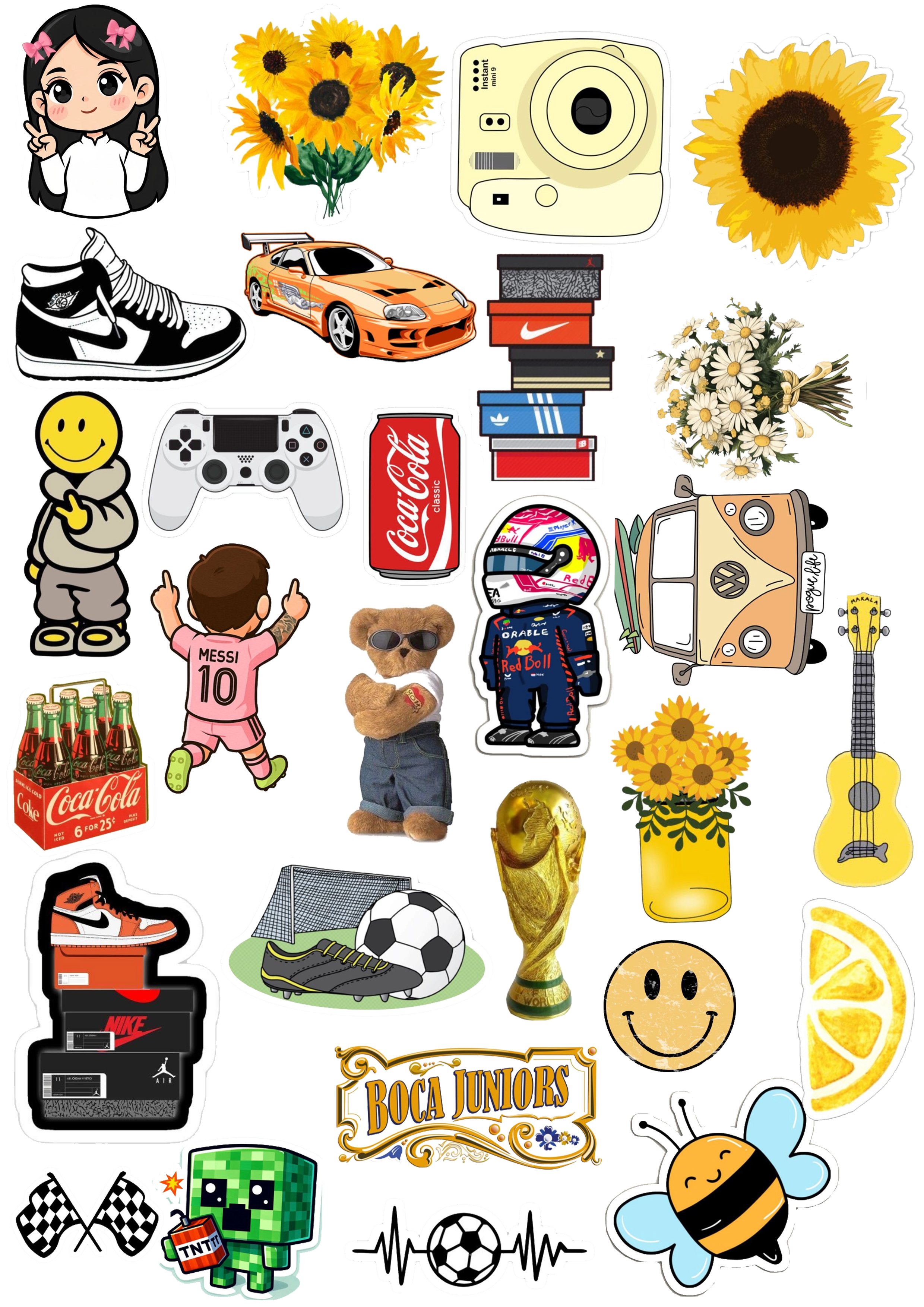 Trendy Hypebeast & Sports Laptop Stickers Messi 10, FIFA World Cup Trophy, Sneaker Shoe Boxes, Sunflowers, and Gaming Decals for Laptops & Journals Pack Of 28 Each Size 2Inchx2Inch Sticker