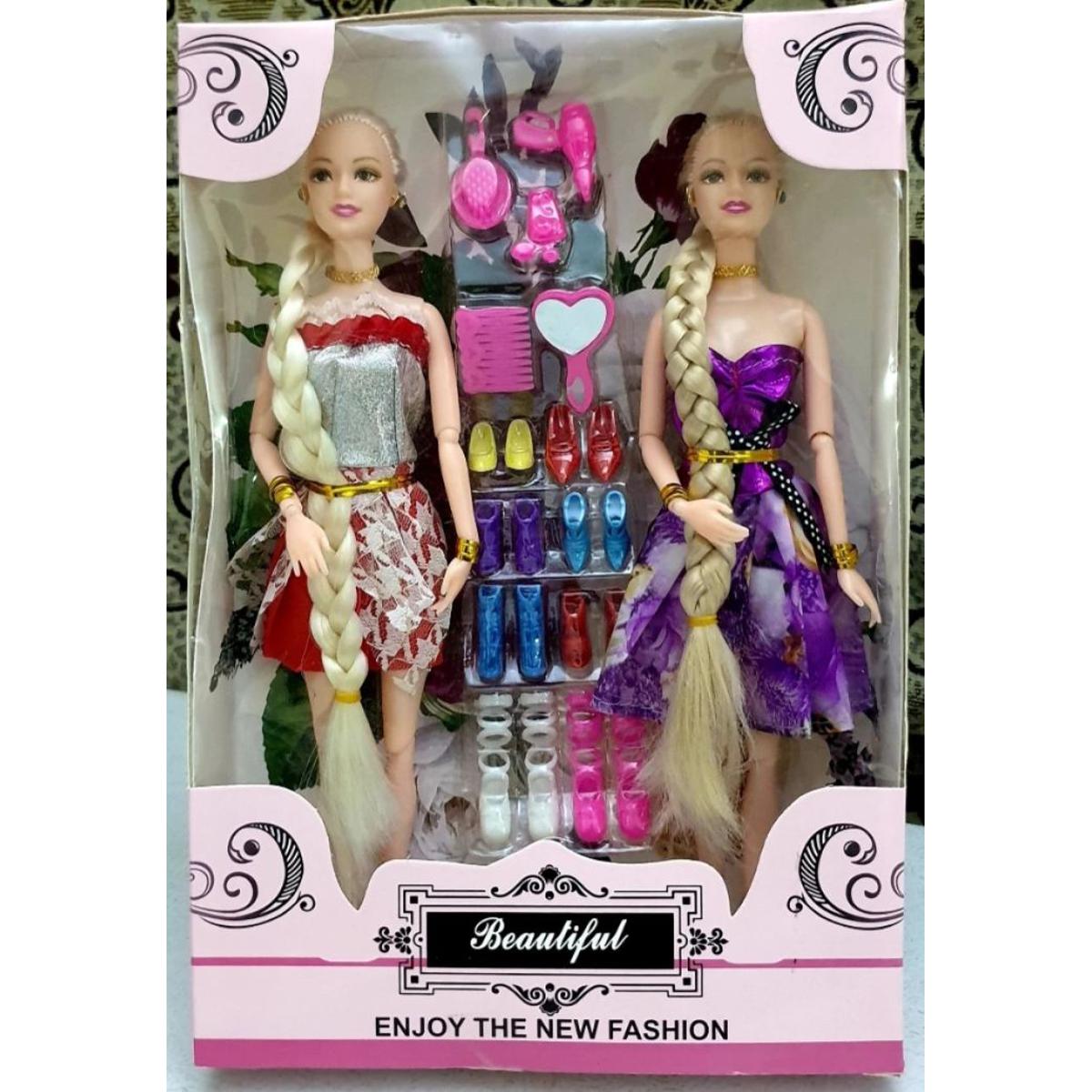 Pair Of 2 Bendable Dolls With Fancy Dresses And Shoes (Multicolour)