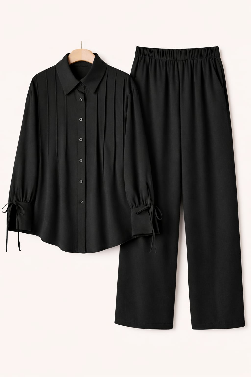 co-ord stitched cotton dress- Women’s Elegant Black 2-Piece Outfit – Long Sleeve Pleated Button-Down Shirt & Matching Wide-Leg Trousers, Stylish Casual Formal Co-Ord Set