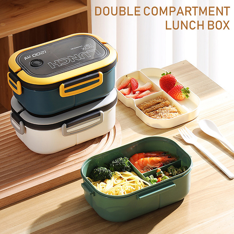 Fun Live Lunch Box 2 Layers Grids Student Office Worker Microwave Hermetic Bento Box Outdoor Picnic Fruit Food Container With Fork Spoon