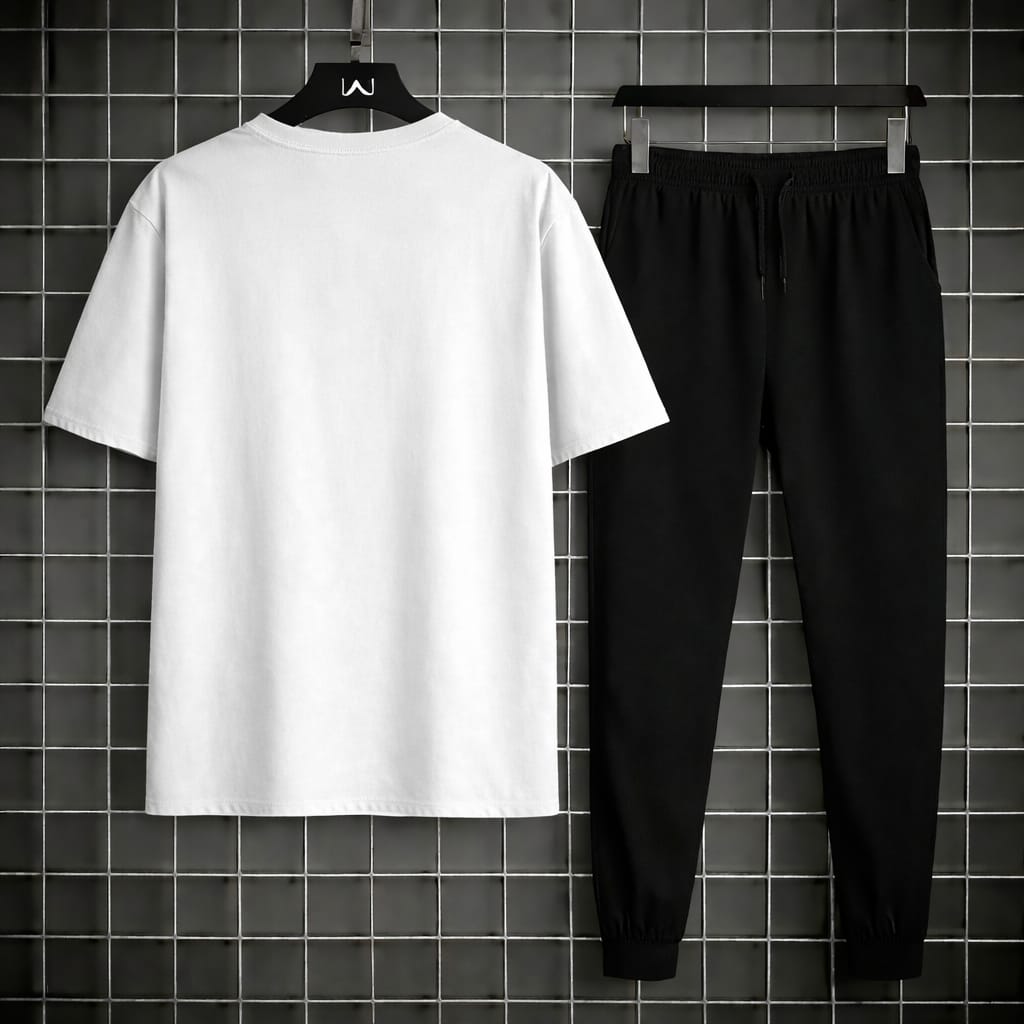 Richman 67® 2 PCS Summer Tracksuit for Men ⭐ | ⚪ White Printed T-Shirt & Black Trouser Set