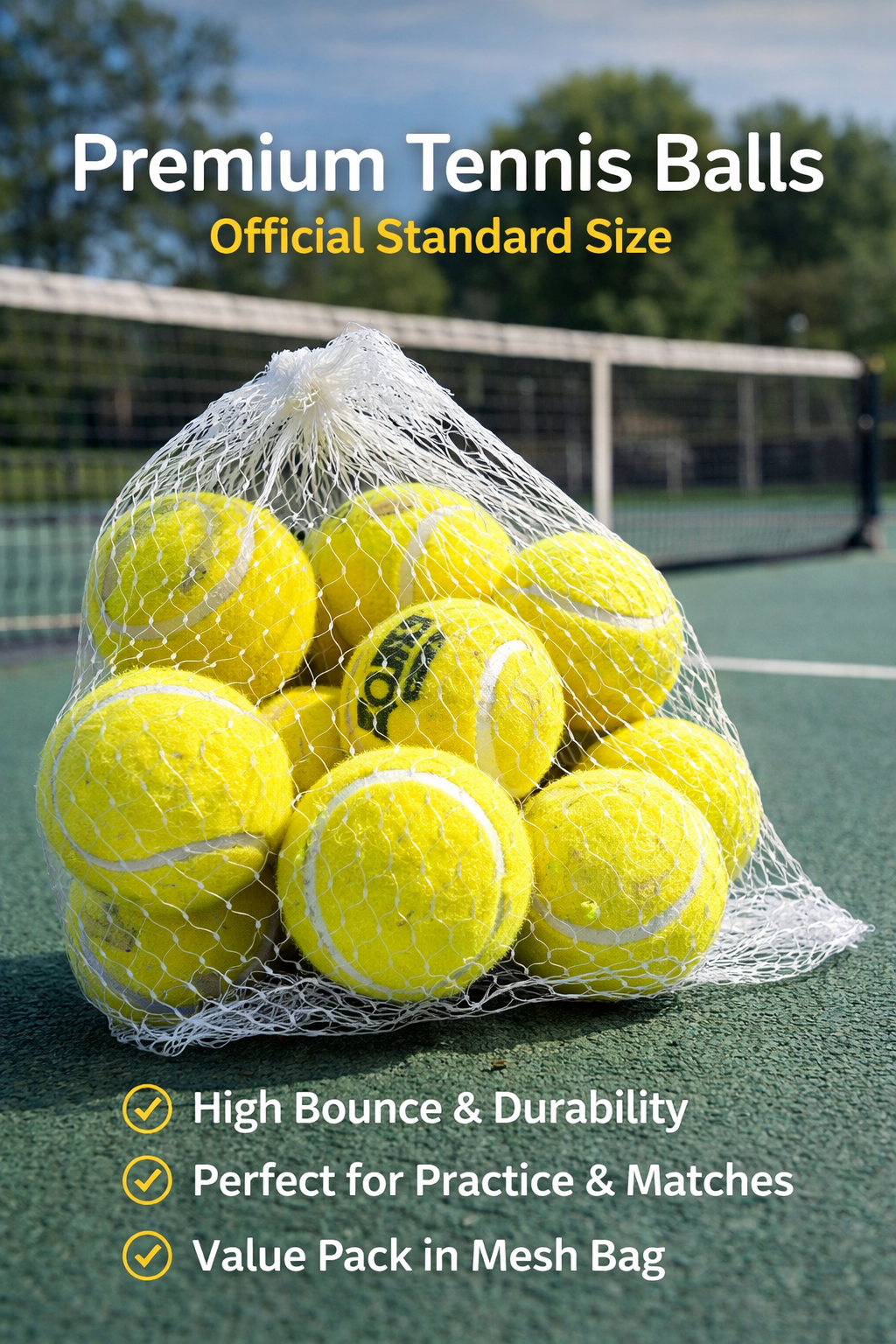 Premium Tennis Balls Pack of 6 – High Bounce Durable Practice & Match Tennis Balls with Mesh Carry Bag for Children– Official Size Sports Training Balls