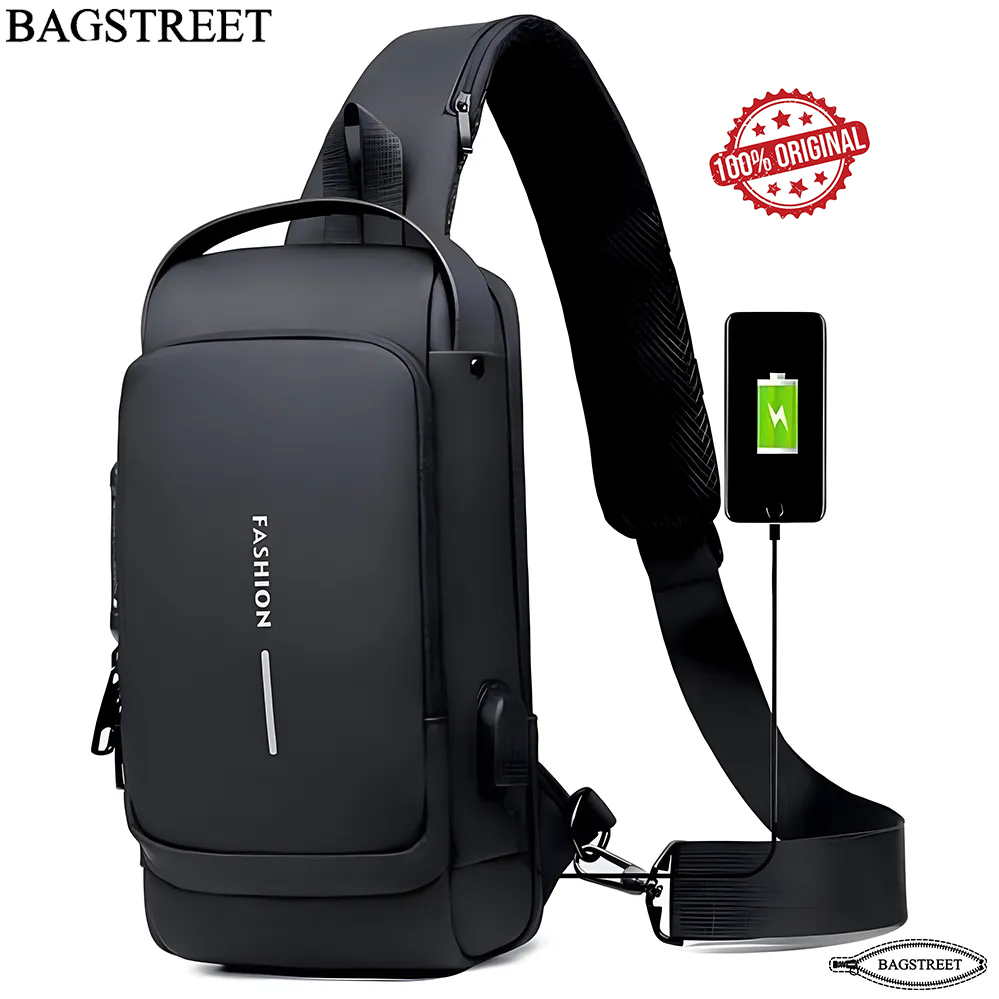 BAGSTREET New Waterproof Anti-Theft Unisex Sling Crossbody Bag with USB Charging Port and Combination Lock - Black